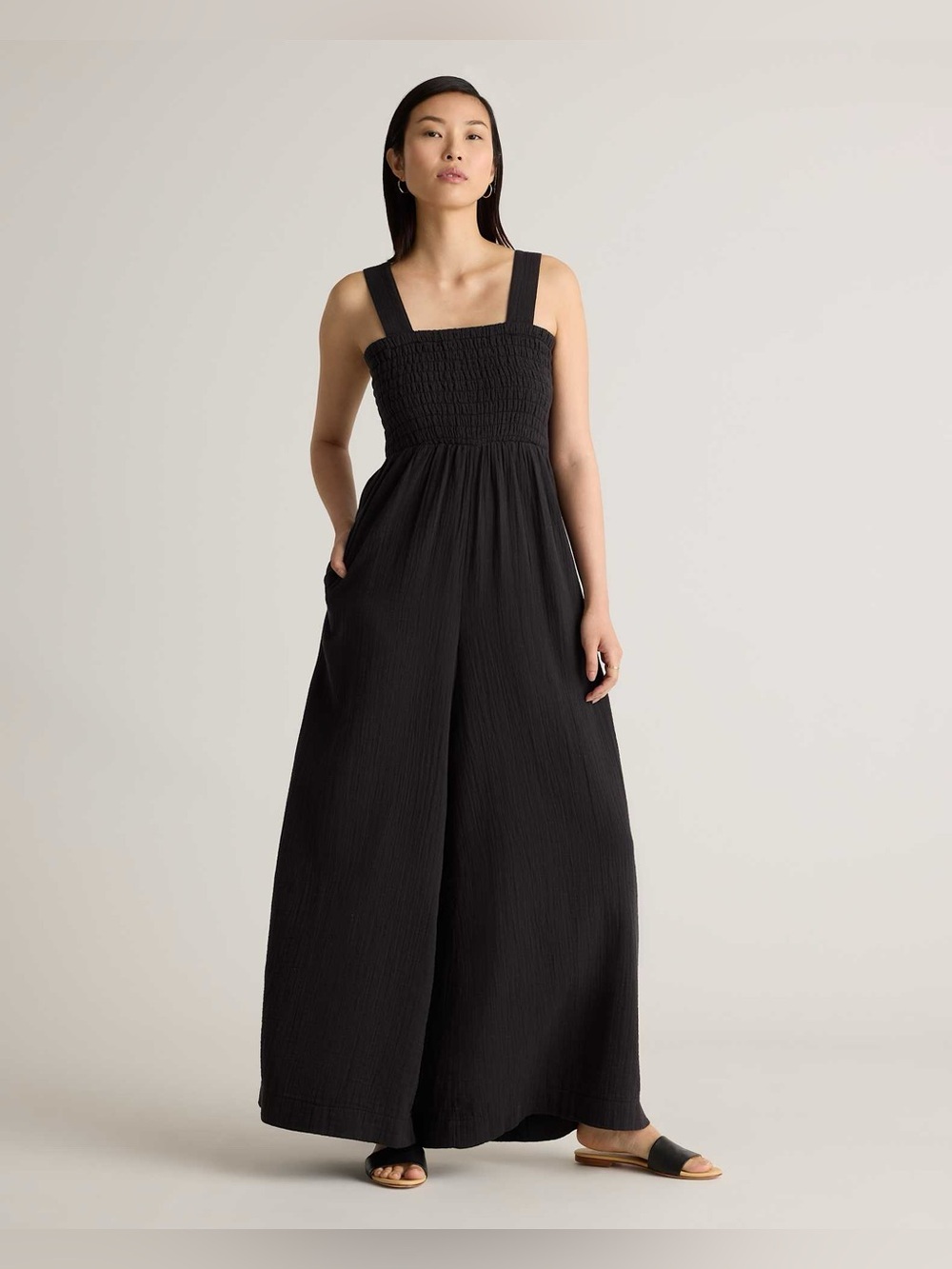 Quince Organic Cotton Gauze Smocked Wide Leg Jumpsuit Black Size Small